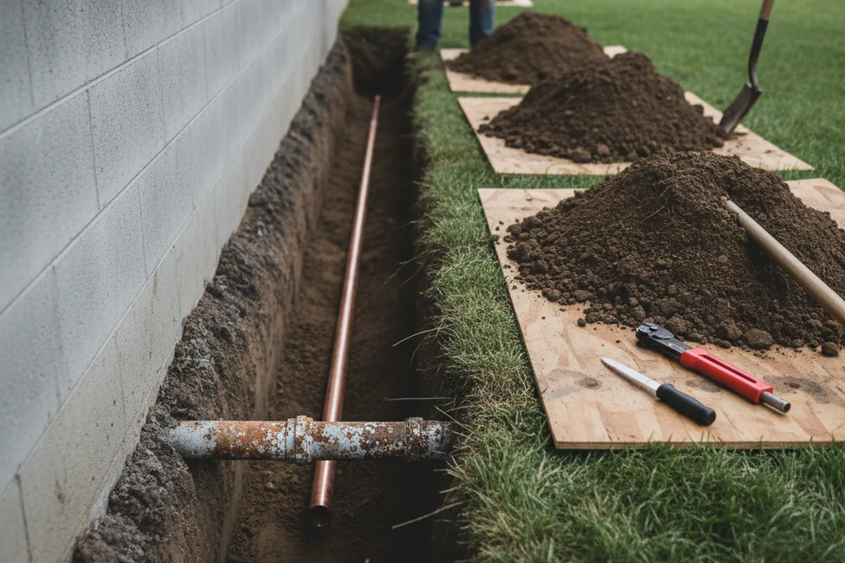 Excavated water line trench during Water Softener Installation in Emmalena
